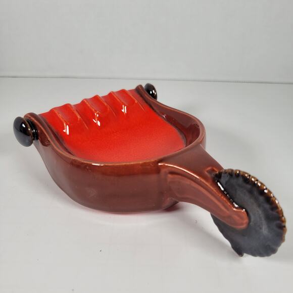 Vintage Orange and Brown Spur Ashtray with Handle, Mid-Century Modern Farmhouse - Picture 6 of 12